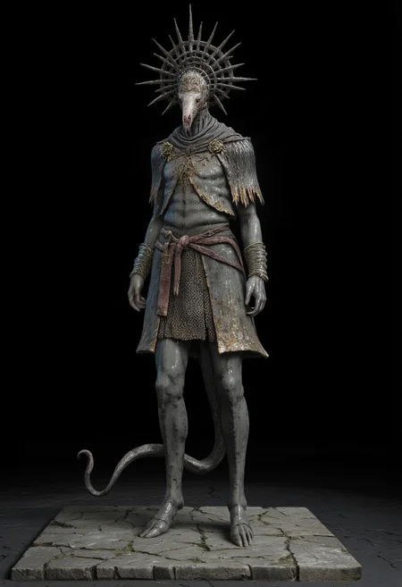 malformed hobo Miner lizardman in a roman soldier armor mixed with legionnaire attire, cobra and crocodile shaped skull, elongated neck, horse hoofs instead of legs
Standing on a flat ground
Set against a solid dark black color background to emphasize its unsettling unnatural form that emphasizes its silhouette. The medium is not a traditional painting or illustrative medium like watercolor or ink but rather a digital 3D rendering.
MikeFranchinastyle, bbstyle,, horror theme,, ZBClay model of a gray sculpture, zbrush, d4arks0uls, overcast lighting