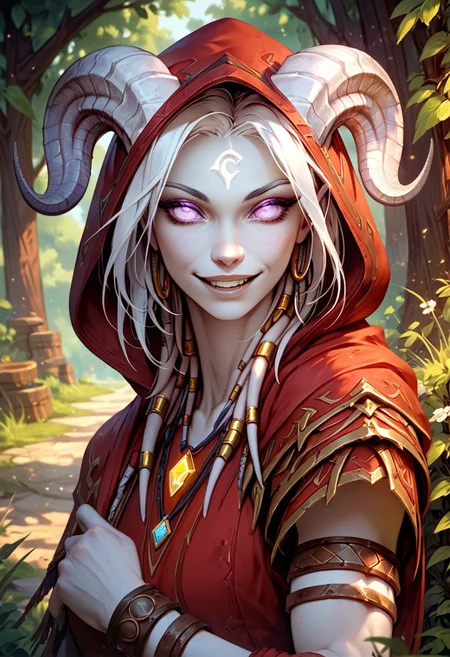 masterpiece, score_9, score_8_up, score_7_up, score_6_up, world of warcraft, fantasy, <lora:add-detail-xl:1.5>, 
fFaceDetail, (female, draenei, h0rns, ram horns, white horns, tall, athletic arms, pale white skin, long white hair, purple eyes, long white tail, long fingers), 
upper body, close up, looking toward viewer, soft smile, 
(long loose red dress, red hood with black trim, tail under dress, simple armlet, small yellow gem pendant), 
depth of field, outdoor, fields, dirt path, wooden fences