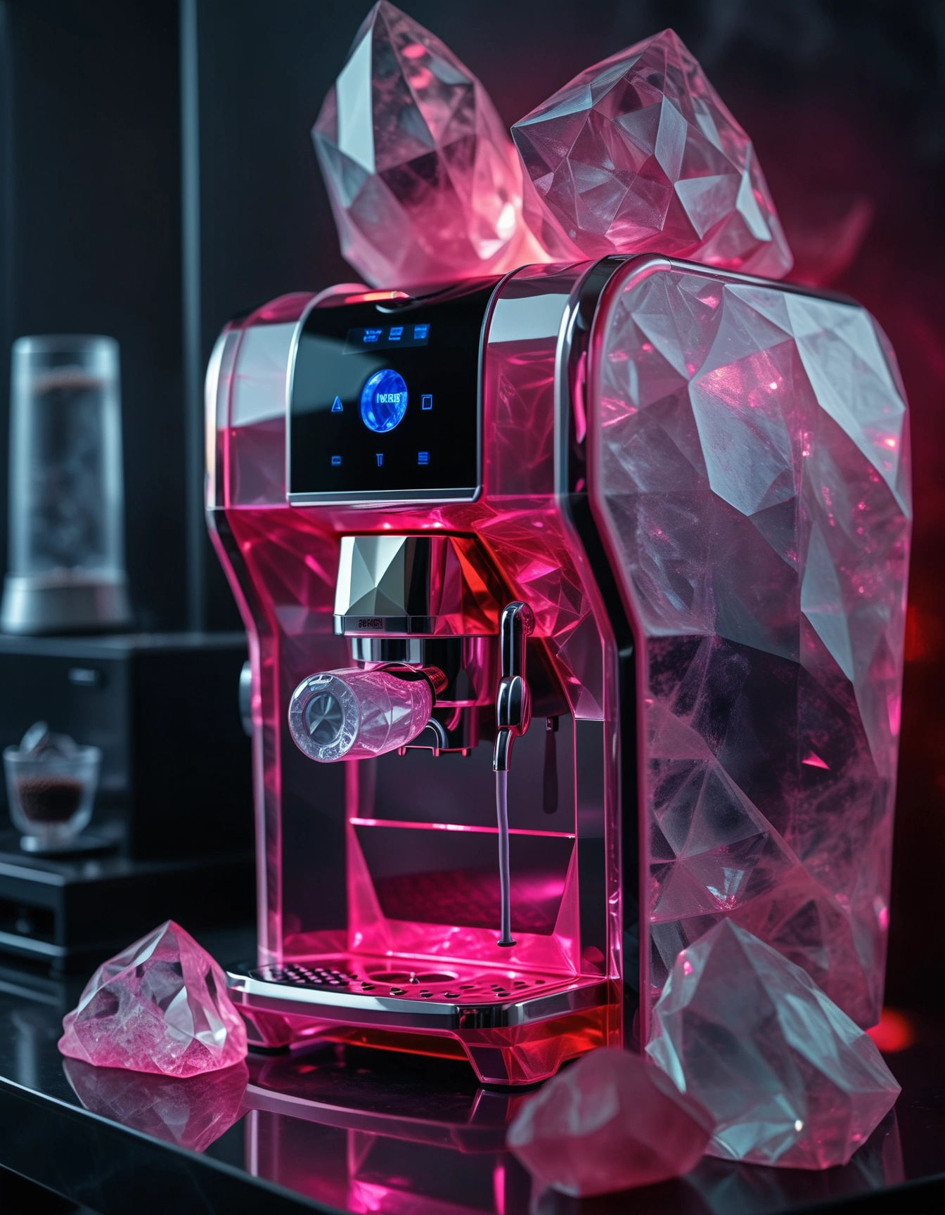 rp_slgd, crystal world, product photography, a coffee machine on a kitchen counter,  crystals, glow, eerie, translucent, best quality, very aesthetic, highly detailed, 4k  <lora:zzz_trained\xl_rpr_soulgemmed_v1>