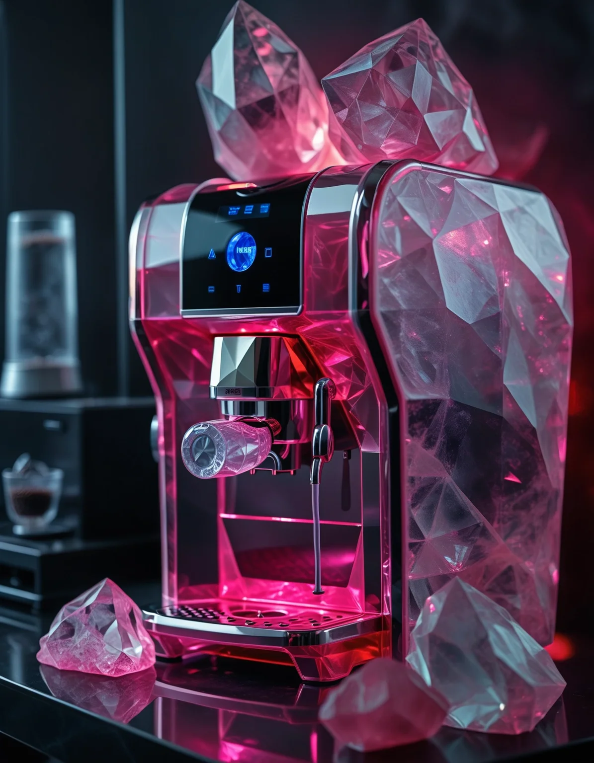 rp_slgd, crystal world, product photography, a coffee machine on a kitchen counter,  crystals, glow, eerie, translucent, best quality, very aesthetic, highly detailed, 4k  <lora:zzz_trained\xl_rpr_soulgemmed_v1>