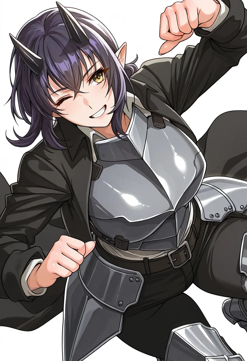 Smooth Quality,masterpiece,very intricate, high quality details, ultra realistic, high detailed skin,detailed enviorement,absurdres,
simple background, white background, solo,dynamic angle,solo,dancing,
<lora:Ozma_CNR:0.8> ozma_cnr,1girl,black hair, purple hair, yellow eyes, pointy ears, horns,large breasts, armor, breastplate,black jacket, shirt, long sleeves,black pants, belt, armored boots,, clenched teeth,, ;d,