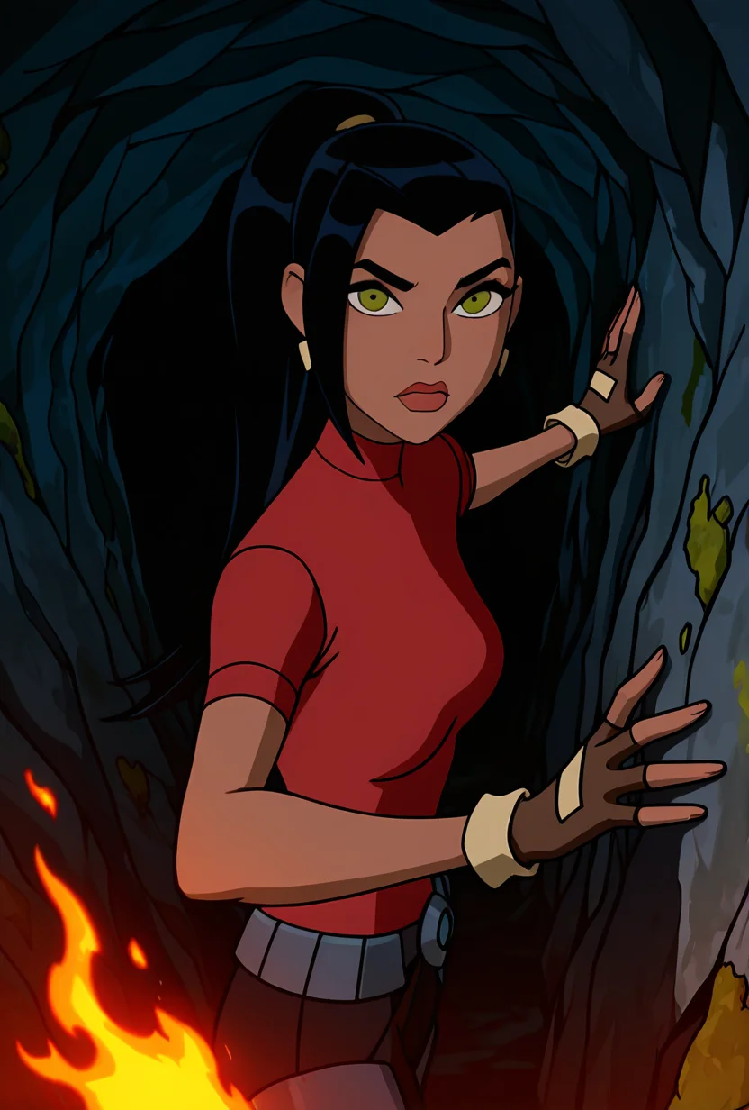 <lora:ovkai-10:1> ovkai, 1girl, long hair, black hair, dark skin, ponytail, earrings, lips, red shirt, short sleeves, turtleneck, fingerless gloves, looking at viewer, cartoon, dynamic pose, action pose, very aesthetic, walking in cave, hand on wall, holding torch, fire, moss, dark,