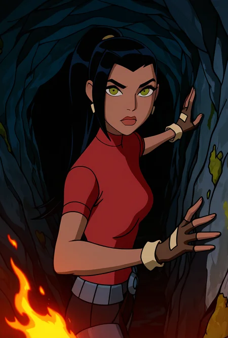 <lora:ovkai-10:1> ovkai, 1girl, long hair, black hair, dark skin, ponytail, earrings, lips, red shirt, short sleeves, turtleneck, fingerless gloves, looking at viewer, cartoon, dynamic pose, action pose, very aesthetic, walking in cave, hand on wall, holding torch, fire, moss, dark,