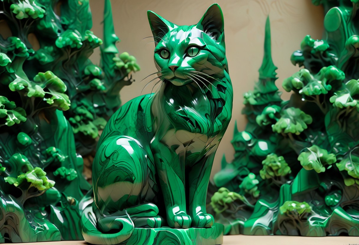 cat looking at the forest, wise, intense, dramatic, sharp outlines, high contrast, masterpiece, ultra detailed, fine details, intricate, elegant, malachite_style