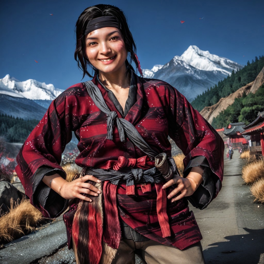 score_9, realistic, yun_got, black hair, headband, japanese clothes, sash, belt, pants,  hands on hips, looking at viewer, smile, mountains, 
