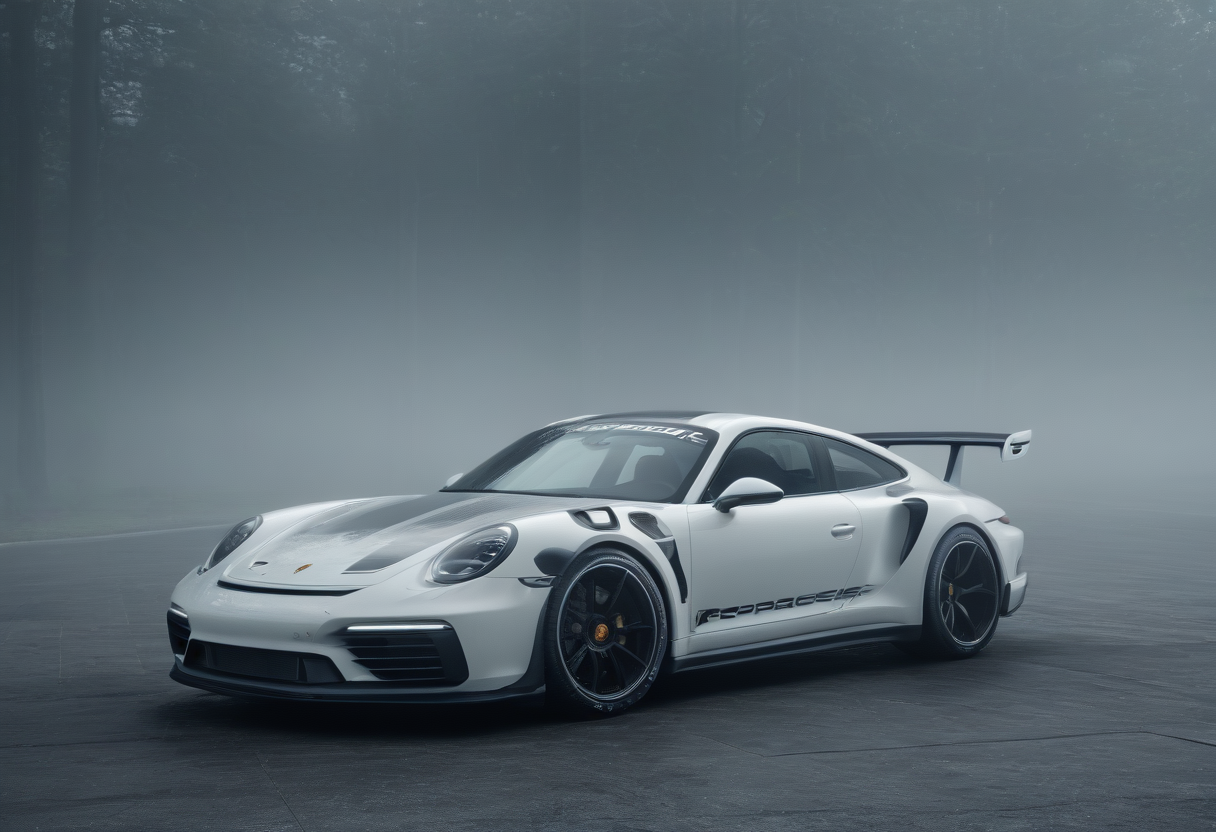 Techwear fashion porsche rsr,<lora:CHV-Zoom:1>,Cornelisz Hendriksz Vroom vehicle,car,foggy [1],glossy white [2], . Futuristic, cyberpunk, urban, tactical, sleek, dark, highly detailed