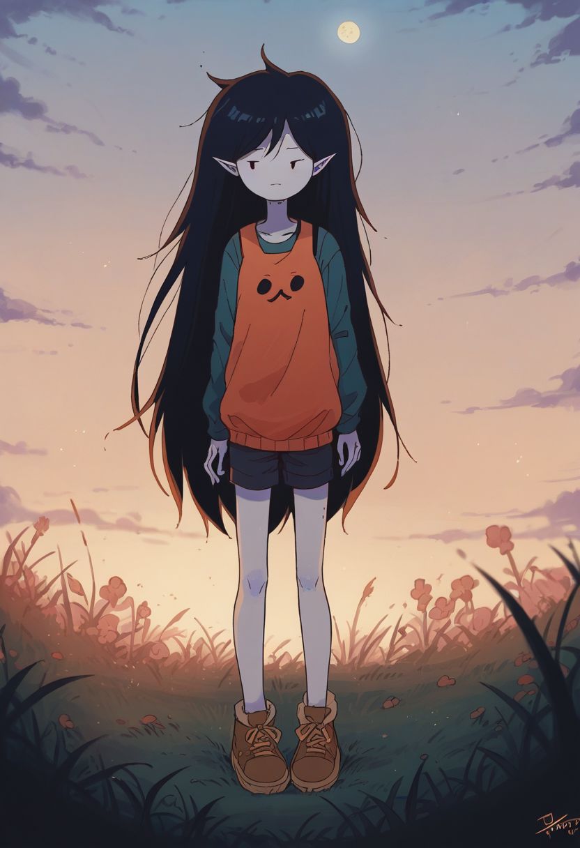 score_9, score_8_up, score_7_up, m4rc3l1n3,1girl,dot eyes,grey skin,marceline abadeer from adventure time, full body,naturally skin imperfections, extremely detailed skin,i can't believe how beautiful this is, serene atmosphere, flickering light, epic realistic,art by greg rutkowski and artgerm, soft cinematic light, (depth of field:1.4), faded, (neutral colors:1.2), (muted colors:1.2), (artstation:1.4), cinematic, warm lights, dramatic light, complex background, (rutkowski:0.66), (teal and orange:0.4), hdr, (intricate details, hyperdetailed:1.15) (skin texture:1.2), source_cartoon, in the style of adventure time, Expressiveh, zPDXL