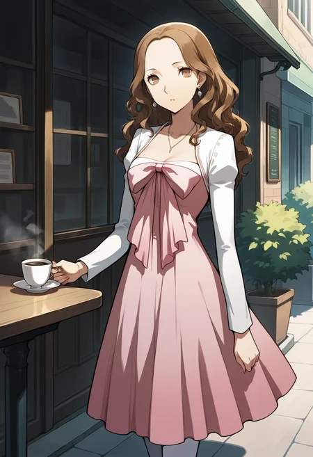 (masterwork, masterpiece, best quality, hyper-detailed :1.1),
1 girl, solo,
p4ebihara, brown hair, long hair, wavy hair, earrings, brown eyes,
p4ebihara-cas, dress, pink dress, bow, pink bow, necklace, earrings, shrug \(clothing\), shrug sweater, white pantyhose,
outside, cafe, coffee, standing, looking at viewer, cowboy shot,