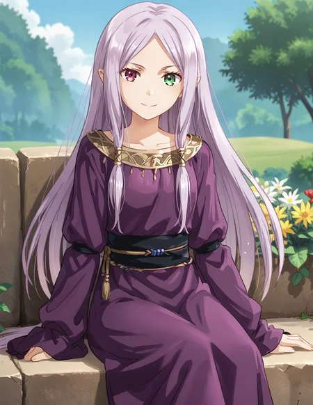 solo, 1girl,(anime screenshot:1.6, )
IdunnDefault, purple dress, long hair,
outdoors, looking at viewer, sitting, cowboy shot, smile, <lora:idunn_V1.0-000010:0.85> <lora:Anime_Screencap:1>
