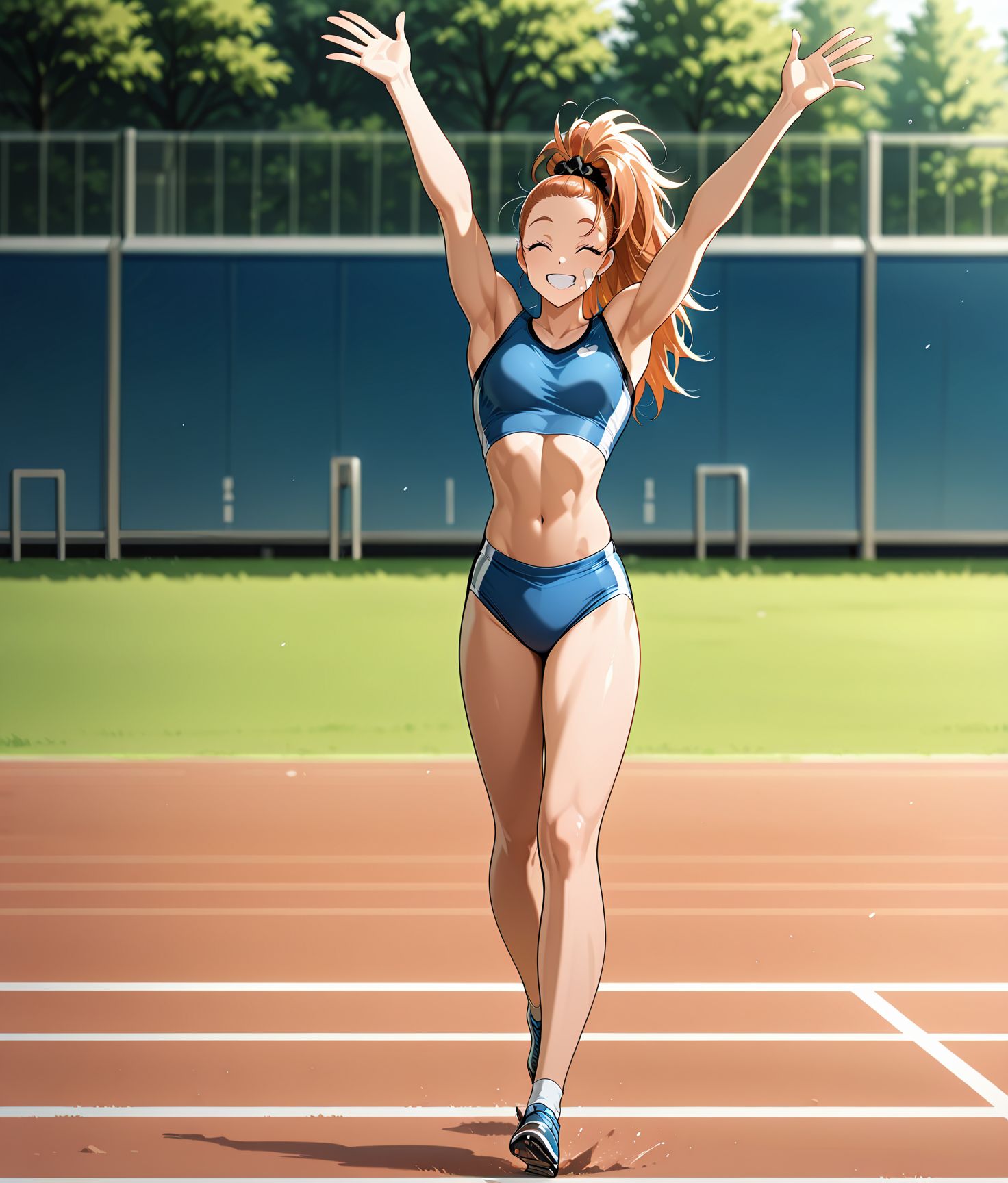 <lora:add-detail-xl:0.5>,,masterpiece,best quality,anime coloring,anime screenshot,
<lora:female_athlete:1>female_athleteV1,
1girl,solo,navel,smile,blurry background,
buruma,sports crop top,track briefs,midriff,
Hands raised above head in a V shape,full body, 
walking, arms apart,open hands,waving, 
<lora:CaptainMizuki(Manga)_ILXL_v1:0.8> captain mizuki,  bandaid on face, muscular female, toned, long hair, ponytail, forehead, hair scrunchie, 
blue  sports bra, blue track briefs,   midriff, navel, linea alba, buruma, 
raise both hands straight up,