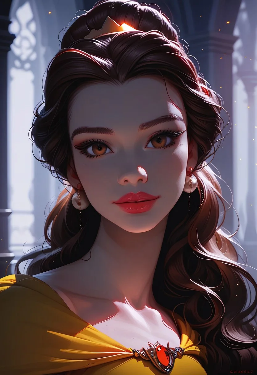 score_9, score_8_up, score_7_up, solo,  1girl, 24 y.o, Belle Princess, cinematic, Depth of field, bokeh, best_quality, cinematic, light particles, highly_detailed, very_aesthetic, beautiful_and_aesthetic, top_quality, hyperrealistic, photorealistic, 8K, ultra detail, curves, sexy, body shaper, yellow dress, Ball dress, afterglow expression, bioluminescent details, wearing a feather boa, slender waist, carrying light eyebrow gel with gloss cream lipstick, stylish brown bun hair, long hair, colored eyeliner, brown eyes, face focus,