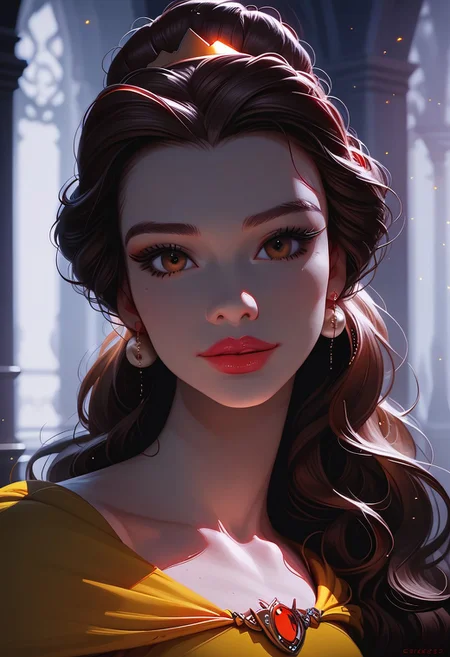 score_9, score_8_up, score_7_up, solo,  1girl, 24 y.o, Belle Princess, cinematic, Depth of field, bokeh, best_quality, cinematic, light particles, highly_detailed, very_aesthetic, beautiful_and_aesthetic, top_quality, hyperrealistic, photorealistic, 8K, ultra detail, curves, sexy, body shaper, yellow dress, Ball dress, afterglow expression, bioluminescent details, wearing a feather boa, slender waist, carrying light eyebrow gel with gloss cream lipstick, stylish brown bun hair, long hair, colored eyeliner, brown eyes, face focus,