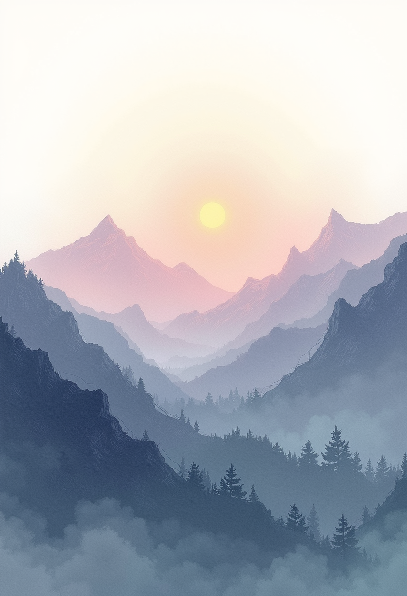 In an expressive minimalistic drawing style, mountain silhouettes stand boldly against an ambient sky. Limited color palette captures sunlights golden glow and moonlights ethereal hues with charcoal greys, soft purples, and splashes of emerald green to portray vegetation. Distinctive lines define rocky terrain while intricate negative spaces suggest craggy peaks reaching into infinite expanse. Each curve and stroke invites introspection into the stillness of natures grandeur. A harmonious balance between simplicity and sophistication creates an immersive experience where tranquility holds sway over this minimalist landscape.