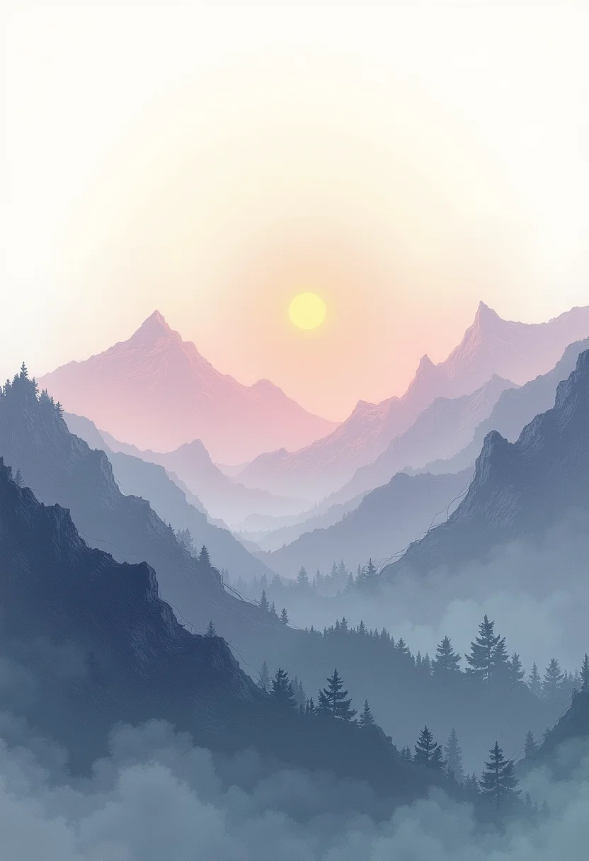In an expressive minimalistic drawing style, mountain silhouettes stand boldly against an ambient sky. Limited color palette captures sunlights golden glow and moonlights ethereal hues with charcoal greys, soft purples, and splashes of emerald green to portray vegetation. Distinctive lines define rocky terrain while intricate negative spaces suggest craggy peaks reaching into infinite expanse. Each curve and stroke invites introspection into the stillness of natures grandeur. A harmonious balance between simplicity and sophistication creates an immersive experience where tranquility holds sway over this minimalist landscape.