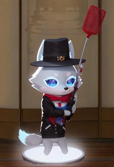 Super Animal Royale, detailxl, score_9, score_8_up, score_7_up, score_6_up, score_5_up,, detailed eyes, detailed face, detailed hands, top down full body view, NightScapes, arctic wolf, cozy atmosphere, creative light overlay, 4k, masterpiece, (masterpiece), best quality, (4K), (cinematic lighting), highly detailed, 8K, UHD, ultra detailed, immersive picture, vivid colors, volumetric light, cinematic light, extremely detailed CG, fox is wearing a jacket and a hat while holding a flyswatter