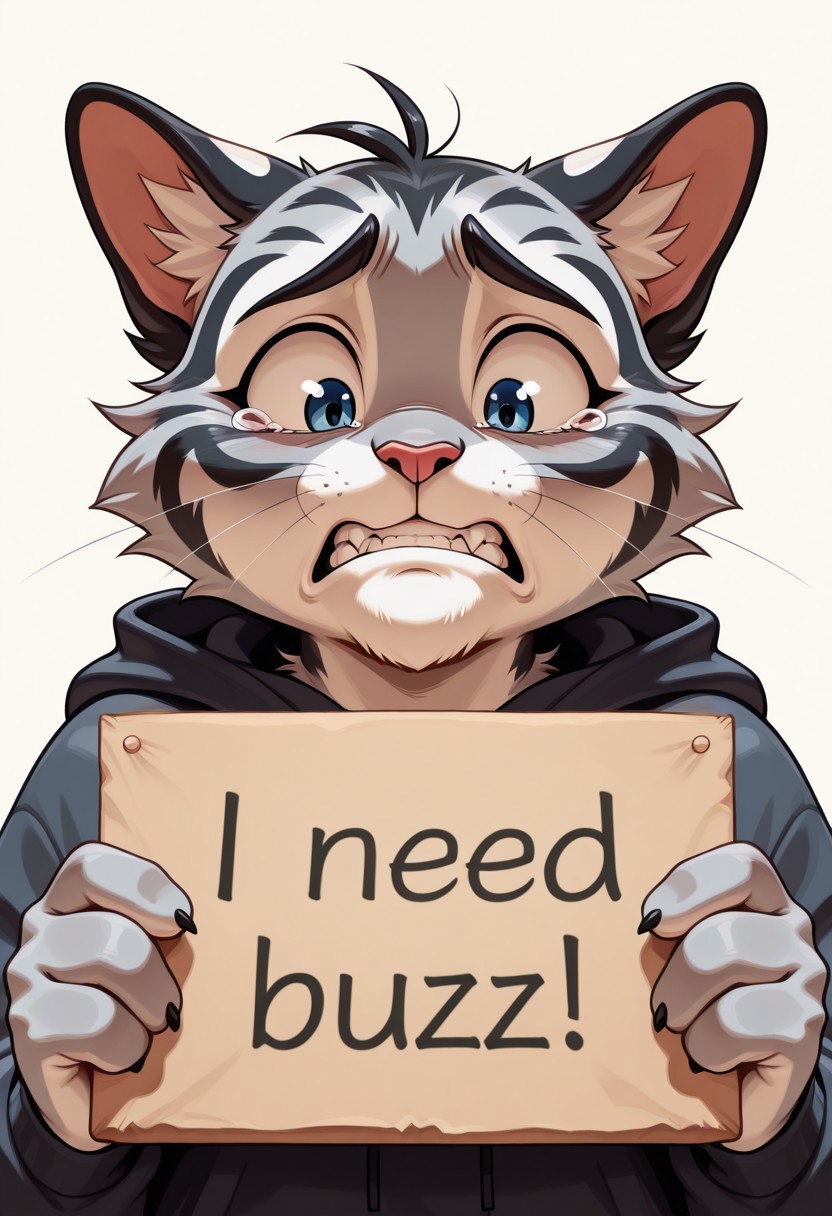 1 boy, cat, feline, anthropomorphic cat, furry, big eyes , need_buzz , holding sign , begging , tears in eyes , sincere expression , begging viewer , pouting , sad , crying , looking down , clenching teeth ,
masterpiece, best quality, absurdres ,