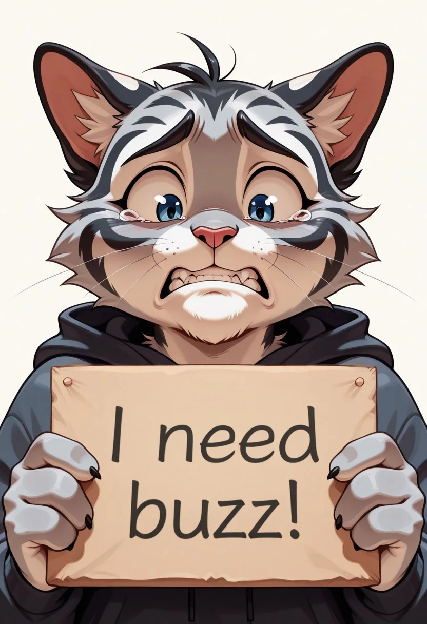 1 boy, cat, feline, anthropomorphic cat, furry, big eyes , need_buzz , holding sign , begging , tears in eyes , sincere expression , begging viewer , pouting , sad , crying , looking down , clenching teeth ,
masterpiece, best quality, absurdres ,