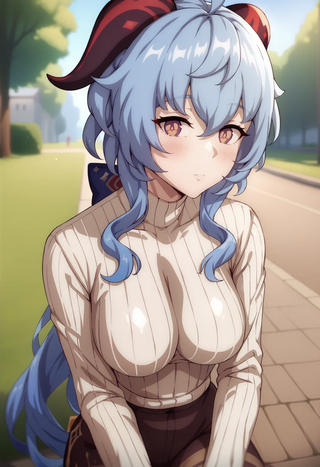 <lora:theobrobine-guy-PONY-DORAv2:1> thobrine, shiny skin, depth of field, score_9, score_7_up, 1girl, solo, ribbed sweater, ganyu \(genshin impact\), blue hair, looking at viewer, park