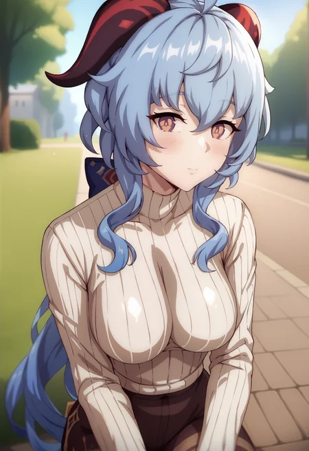 <lora:theobrobine-guy-PONY-DORAv2:1> thobrine, shiny skin, depth of field, score_9, score_7_up, 1girl, solo, ribbed sweater, ganyu \(genshin impact\), blue hair, looking at viewer, park
