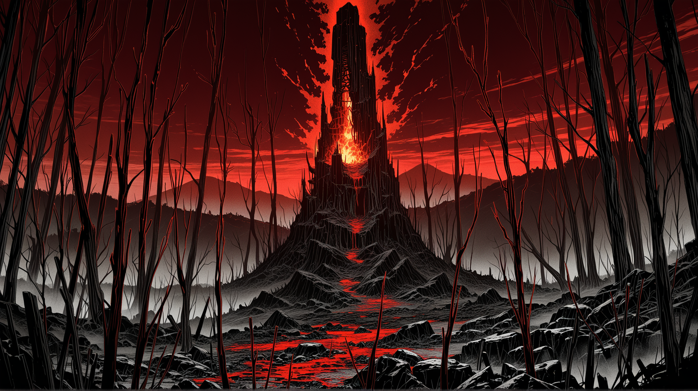 masterpiece, best quality, amazing quality, (no humans:1.1), outdoors, horror, dark fantasy, desolate landscape, (blood-red mist:1.0), (crimson sky:1.0), dead twisted trees, (ominous ruins:1.0), towering jagged rocks, (distant burning horizon:1.0), scattered black crows, fog-covered valley, (monochrome:1.1), red tones, volumetric lighting, intricate details