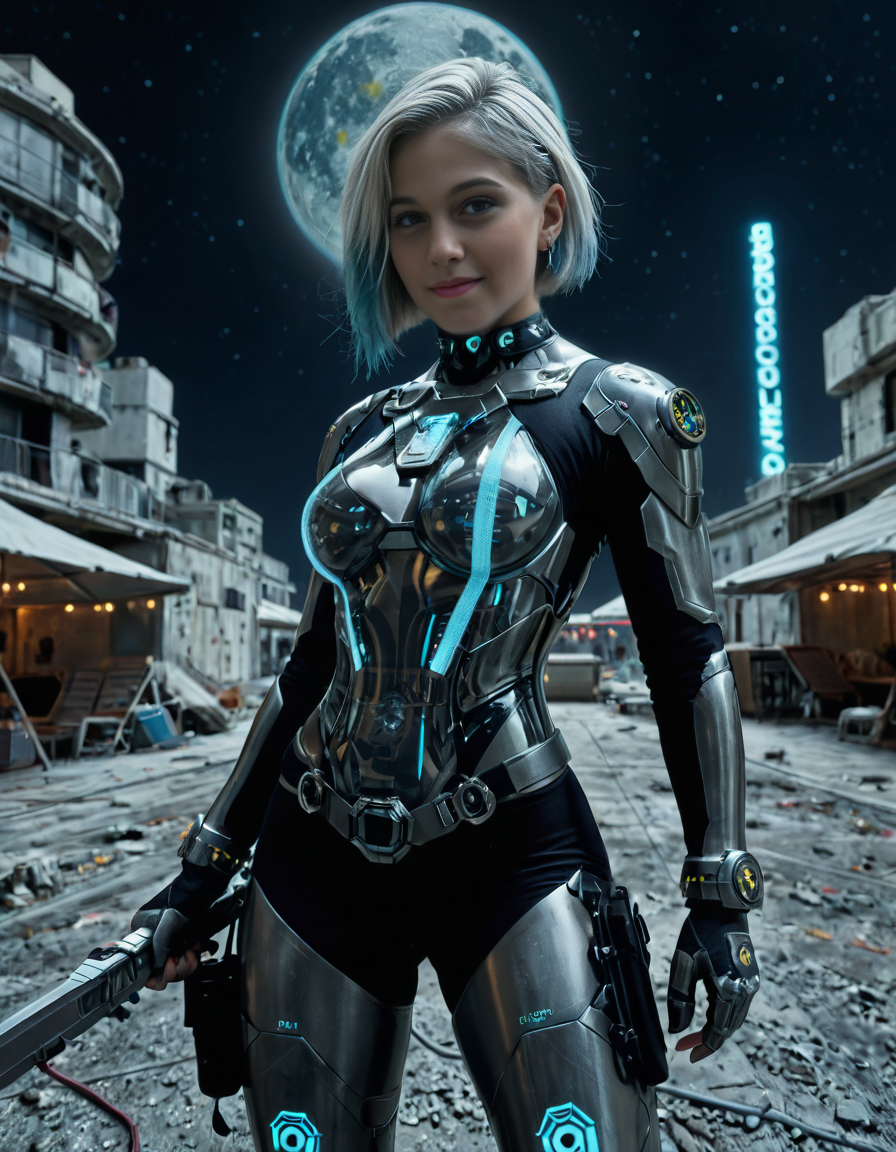<lora:extremely_detailed:0.4> extremely detailed, <lora:moon_surf4c3_v2:1>,looking at viewer, 
A woman,white hair, standing on the surface of the Moon,moon surf4c3, dressed as a cyberpunk warrior. The woman has short silver hair with subtle neon blue highlights, slightly floating as if in low gravity. She is wearing a sleek, futuristic cyberpunk armor suit made of glossy black metallic plates and synthetic fabric, illuminated by glowing neon blue and purple accents. Her armor includes visible circuits, cables, and a partial exoskeleton on her arms and legs. She wears reinforced boots with miniature thrusters.
Her expression is determined, with a faint hint of battle scars on her face and subtle cybernetic makeup that reflects light. She holds a futuristic energy sword in one hand, the blade glowing with a translucent electric blue aura. On her left wrist, a holographic interface is projected, showing futuristic graphs and symbols.
The surface of the Moon around her is rugged and gray, covered with craters and scattered rocks. In the background, the Earth appears large and vibrant in the sky, showcasing its blue oceans and green continents. The blackness of space surrounds the scene, filled with sparkling stars. Some abandoned robotic structures or antennas are visible in the distance, adding a sense of mystery.
The lighting is a mix of cold silver moonlight and glowing reflections from her armor and weapon, creating a futuristic sci-fi atmosphere. The image is highly detailed and photorealistic, inspired by modern science fiction artwork. The dominant colors are silvery grays, neon blues, purples, and black metallic tones.<lora:SDXLFaeTastic2400:0.4>, Masterpiece,best quality,hi res,8k,hi res,8k,award winning,(sharp focus, intricate, highly detailed),