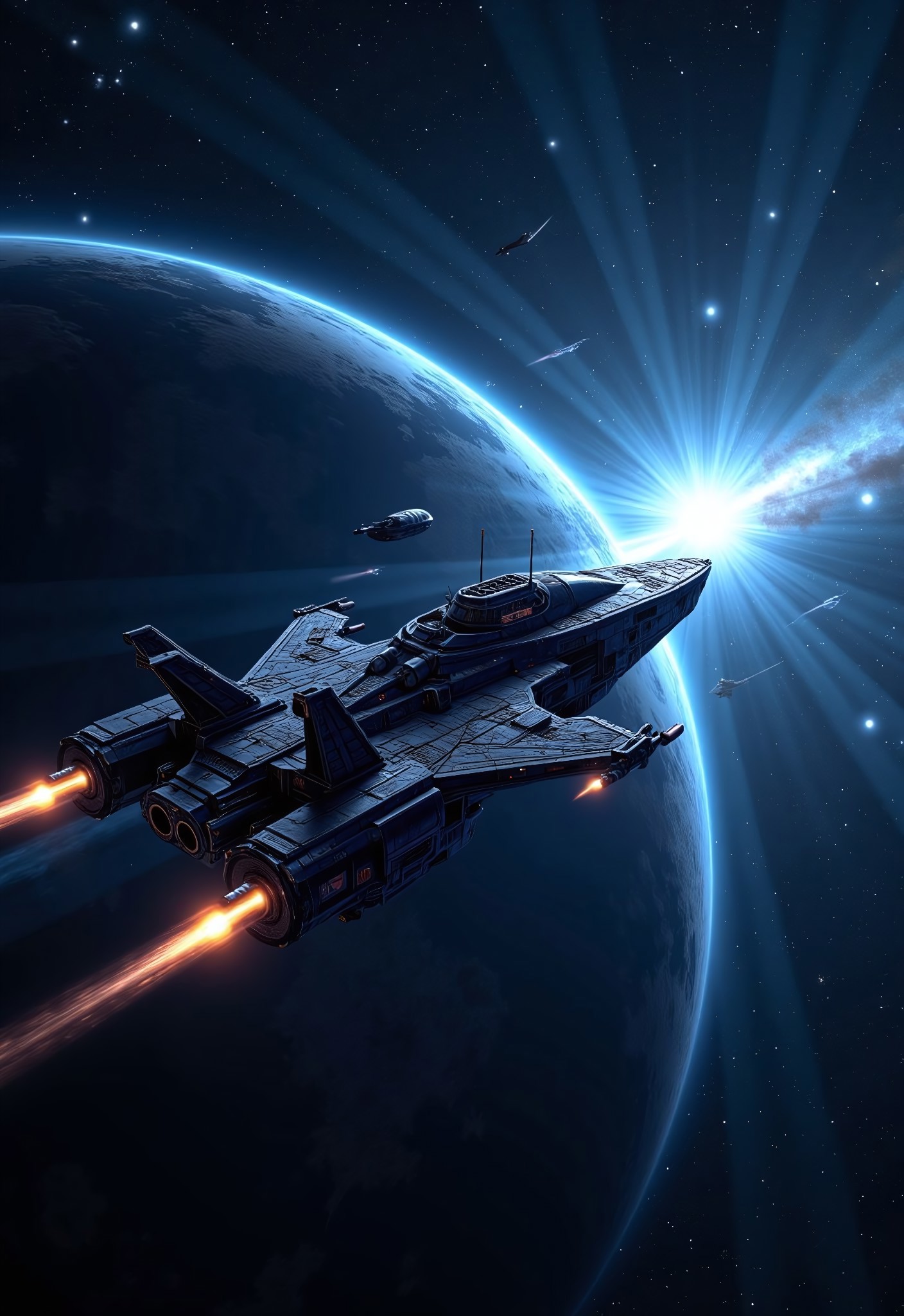aidmaimageupgrader, a high quality digital image of a metagalactic pirate ship traveling through hyperspace, born of science
