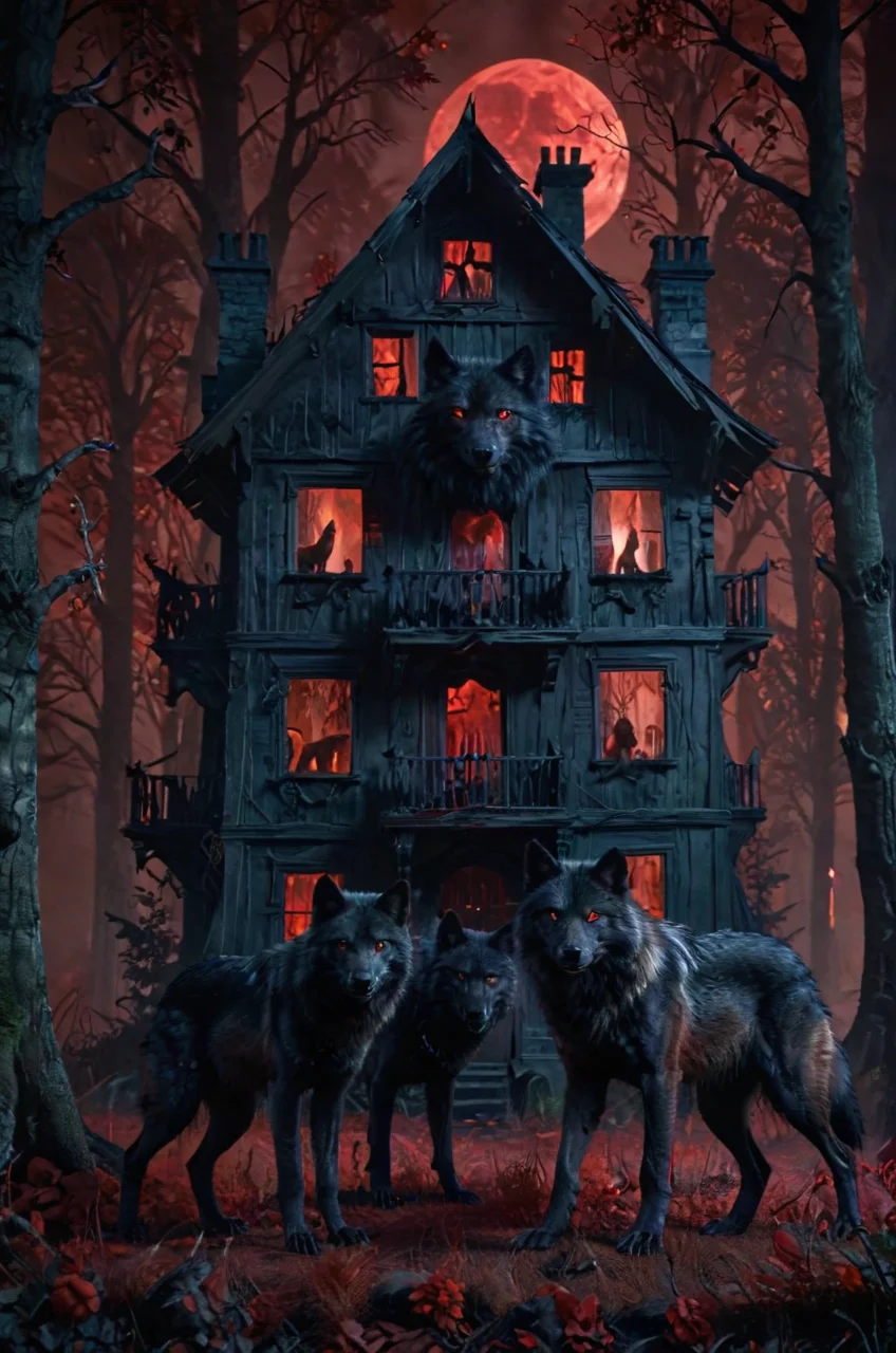 full body, black wolfs standing near a realistic detailed haunted house in the middle of a forest at night, perfect trees, perfect grass, <lora:add-detail-xl:1.6>, vivid colors, sharp focus, gloomy atmosphere, dark red colors, hyper realistic, dark fantasy, bloody red moon<lora:sdxl_lightning_8step_lora:1>