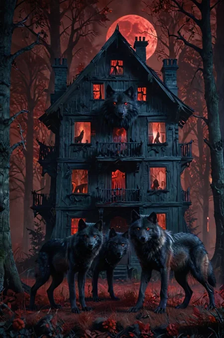 full body, black wolfs standing near a realistic detailed haunted house in the middle of a forest at night, perfect trees, perfect grass, <lora:add-detail-xl:1.6>, vivid colors, sharp focus, gloomy atmosphere, dark red colors, hyper realistic, dark fantasy, bloody red moon<lora:sdxl_lightning_8step_lora:1>