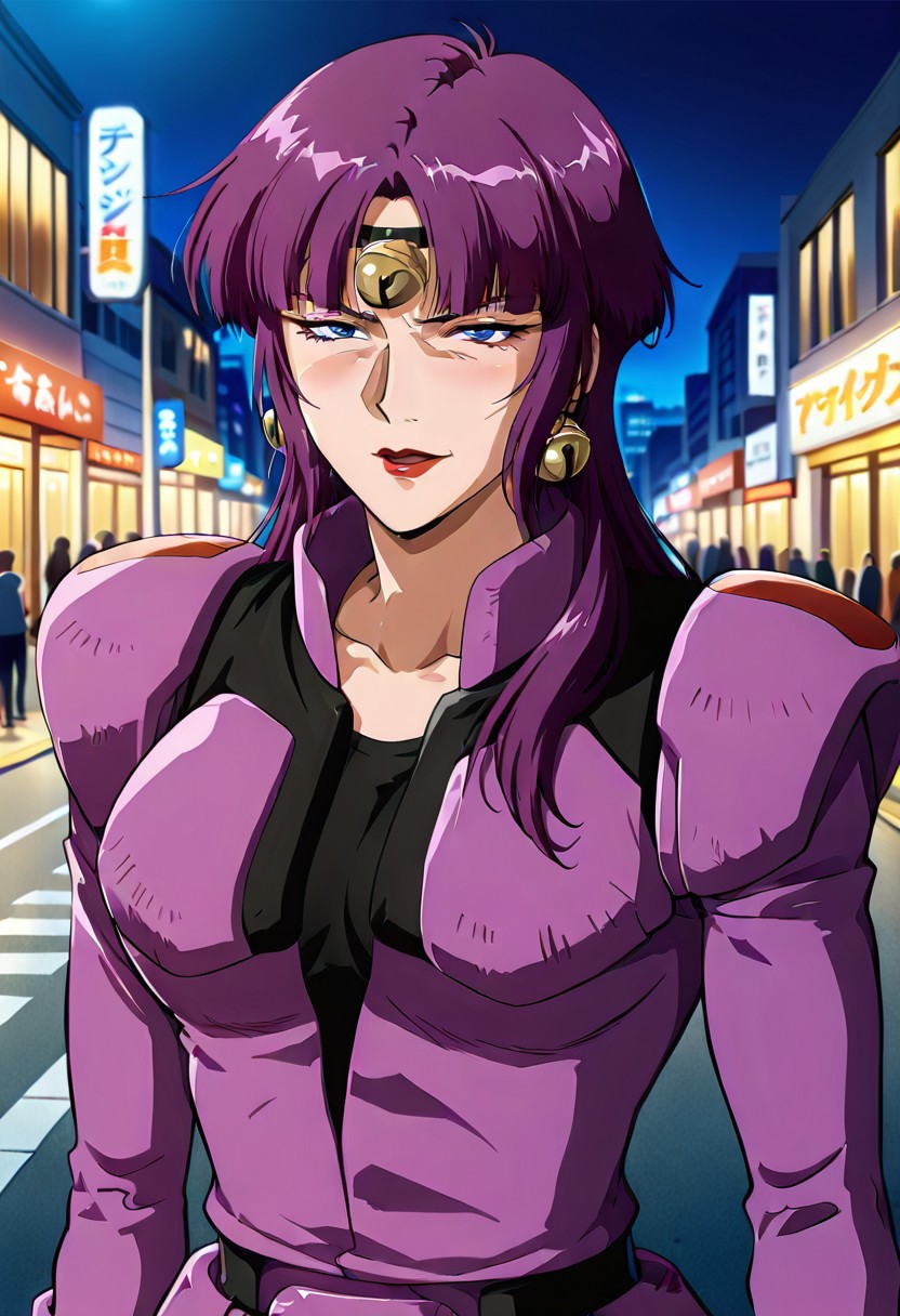 ((masterpiece, absurdres)), best quality, amazing quality, newest, 4k, anime coloring, very aesthetic, ray tracing, Smooth Quality, CG, source_anime,street view,city,night, moonlight,Fuala,blue eyes, 1 mature female, long hair, purple hair, red lips, bell headband, bell earrings, purple pilotsuit,black t-shirt