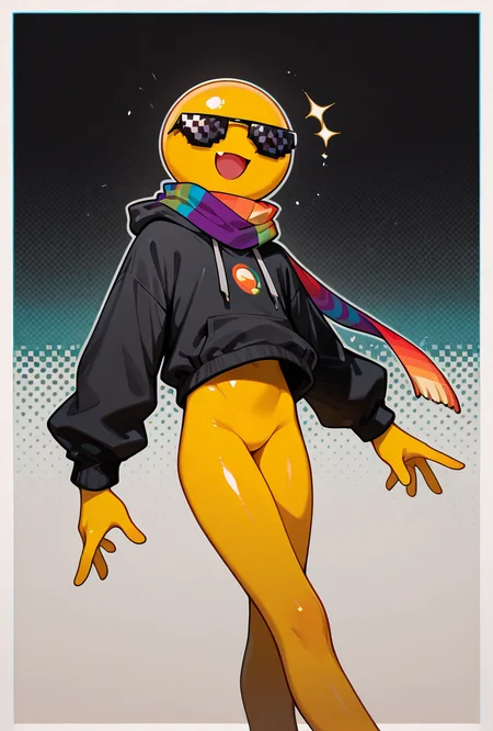 <lora:xmattar-10:1> xmattar, open mouth, rainbow scarf, , solo, smile, pixel sunglasses, 1boy,black hoodie, yellow skin, circular head, yellow legs, no pants, ((dynamic pose, )), masterpiece, best quality, amazing quality, very aesthetic, absurdres, newest,, upper body, halftone effect, white borders, abstract background:1.2,