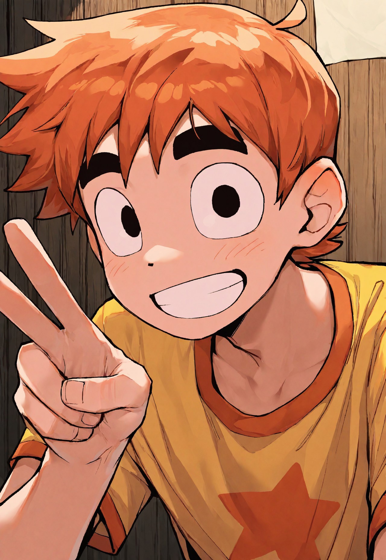 masterpiece, best quality, amazing quality, very aesthetic, absurdres, newest, detailed background, scwallace, 1boy, solo, male focus, scott, orange hair, yellow shirt, smile, V, close-up, maruten