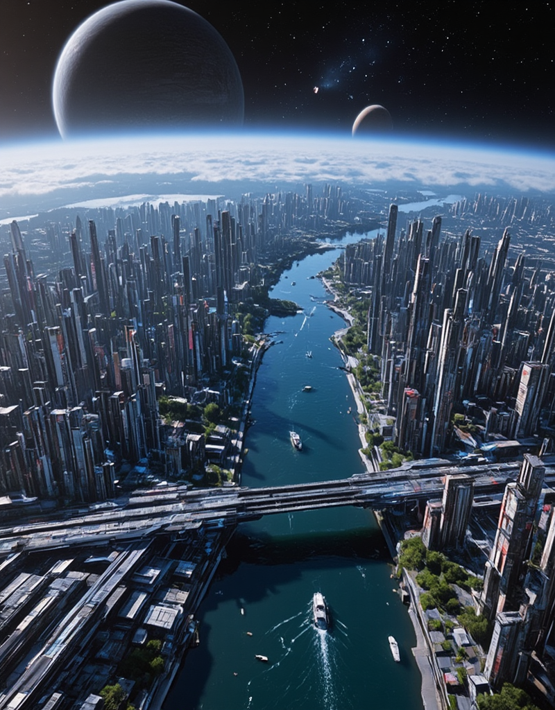 <lora:Space_Worlds_01__Poetic_fluxbeta4:1> sw01p_flux. cyberpunk city with a river in the middle and a brige crossing it. There are some boats on the river. In the sky, space is visible with a very large planet and some very smaller ones.