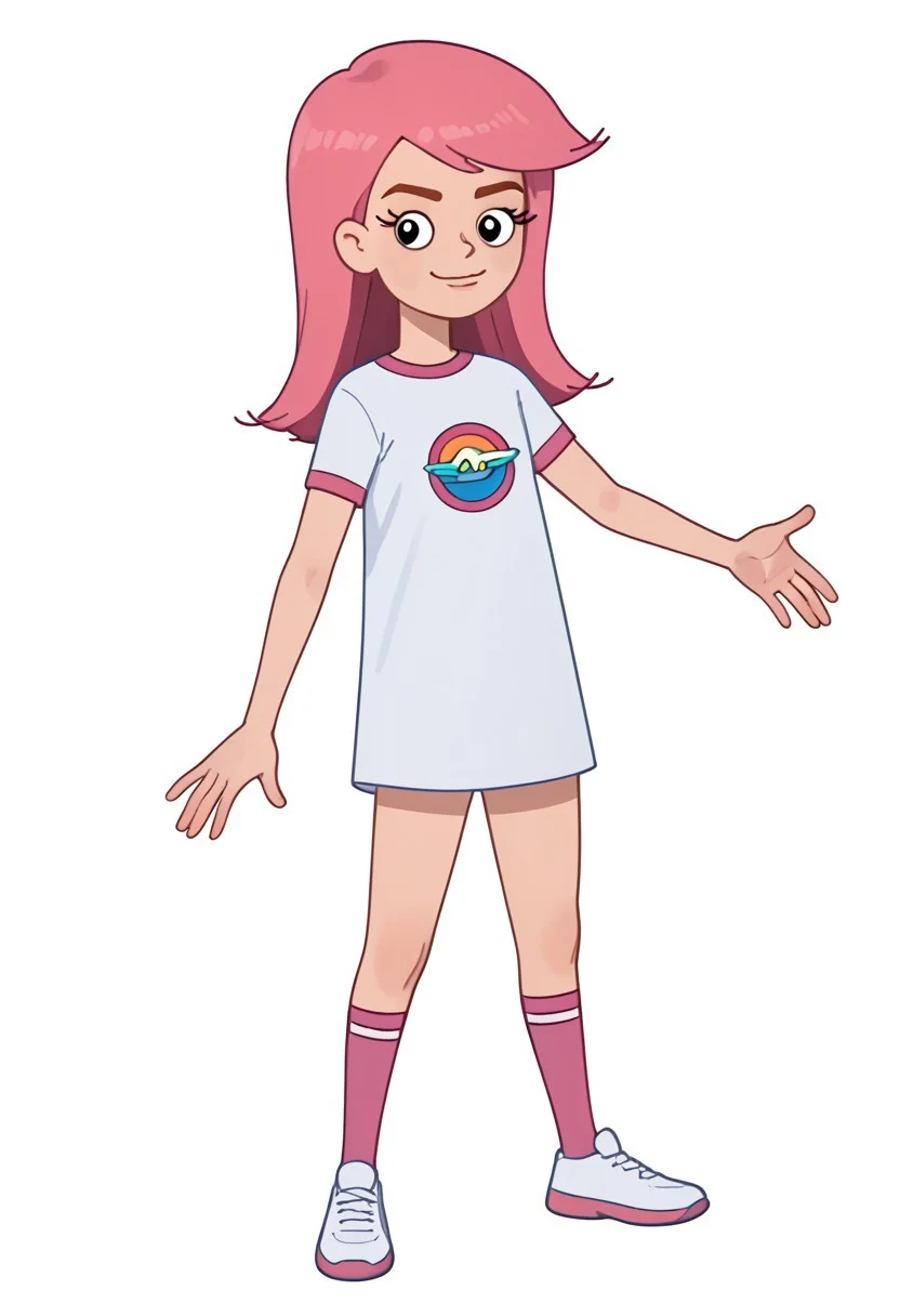 score_7, score_8, score_9, solo focus, girl olya, 1girl, long hair, pink hair, bangs, snub nosed, black eyes, eyelashes, thin hands, pink kneesocks, white footwear, standing against viewer, posing, smug smile, white background, balancin pose,