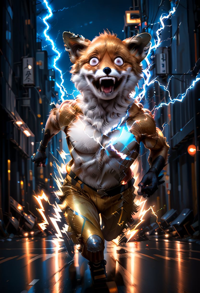 score_9, score_8_up, score_7_up, zPDXL2, EnhanceImage, TailsTheFox, running, electricity, motion blur, from front, night, artificial lights, city, street, neon lights, scenery
