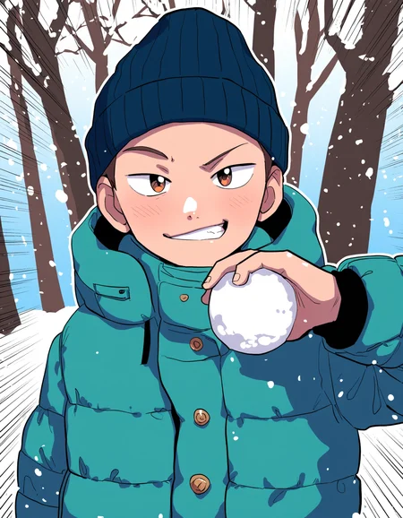 masterpiece, eeroku-style, outdoors, winter, tree, snow, sunlight, 1boy, solo, brown eyes, beanie, smirk, snow jacket, arm up, holding snowball, emphasis lines <lora:a6_naiXL_v1Nb-ShoAI:1>