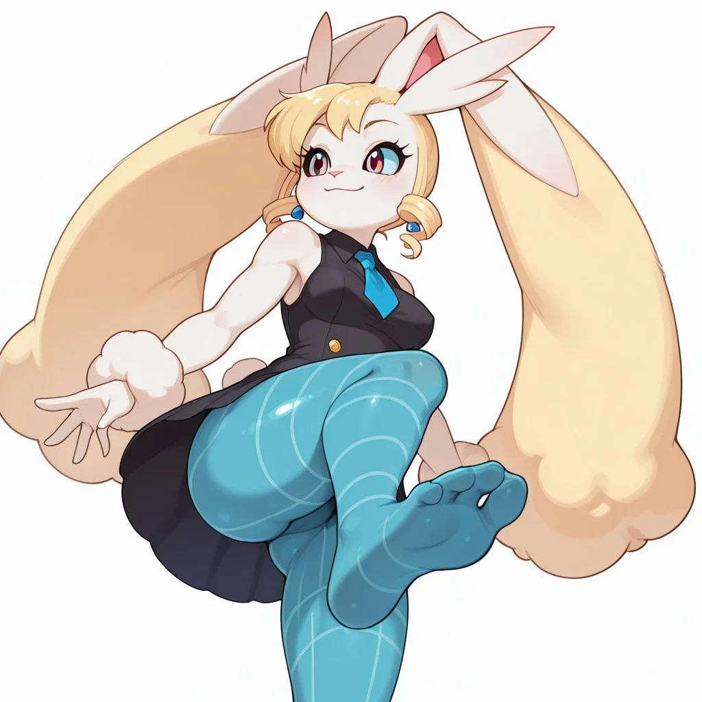Masterpiece , high quality, 1girl, solo, rabbit girl, white body, furry, anthro,white fur, 1girl, blonde hair, twin drills, black school uniform, dress, blue pantyhose, striped pantyhose, rabbit ears, bunny girl,blue earrings, animal ears, animal nose, white background, sassy, medium breasts size, smiling, bare shoulders,sleeveless, anime eyes, detailed eyes, blue tie, eyelashes, aqua cyan eyes, beautiful eyes, bright colors, light eyes color, shiny skin, muscular, solo, dynamic pose , showing soles, showing feet,zzLopunny,