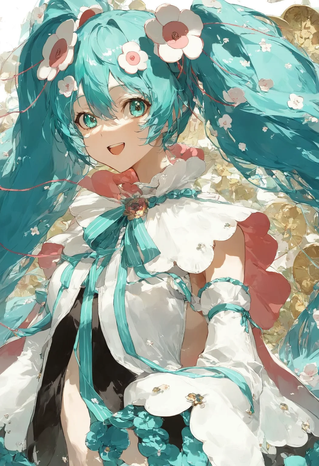 score_9,score_8_up,score_7_up,,source_anime BREAK, upper body , 1girl, solo,looking at viewer,, MHM21, hatsune miku, hair ornament, flower, twintails, magical mirai miku, long hair, detached sleeves, open mouth, aqua hair, smile, very long hair, wide sleeves, medallion, white sleeves, aqua ribbon, aqua eyes, cape, hair between eyes<lora:ãã¸ã«ã«ãã©ã¤2021:1>