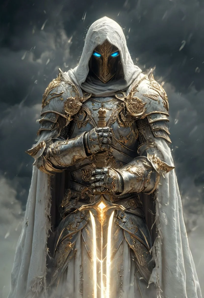 A stunning, highly detailed dark fantasy full body illustration of a proud angelical warrior wearing intricate medieval white HKStyle armor and a grim warrior face, holding a great golden glowing sword, golden and blue glooming eyes, very wide shoulders, wearing big gauntlets, epic composition. The warrior stands heroic with a flowing cloak and white hood during a storm with foggy gloom, thunderclouds in the background. The scene depicts him with brooding emotional agony. style by Greg Rutkowski, by Milo Manara and Russ Mills, with insanely intricate details and textures, gloomy dramatic lighting, 8K resolution