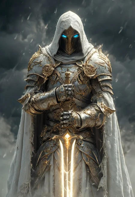 A stunning, highly detailed dark fantasy full body illustration of a proud angelical warrior wearing intricate medieval white HKStyle armor and a grim warrior face, holding a great golden glowing sword, golden and blue glooming eyes, very wide shoulders, wearing big gauntlets, epic composition. The warrior stands heroic with a flowing cloak and white hood during a storm with foggy gloom, thunderclouds in the background. The scene depicts him with brooding emotional agony. style by Greg Rutkowski, by Milo Manara and Russ Mills, with insanely intricate details and textures, gloomy dramatic lighting, 8K resolution