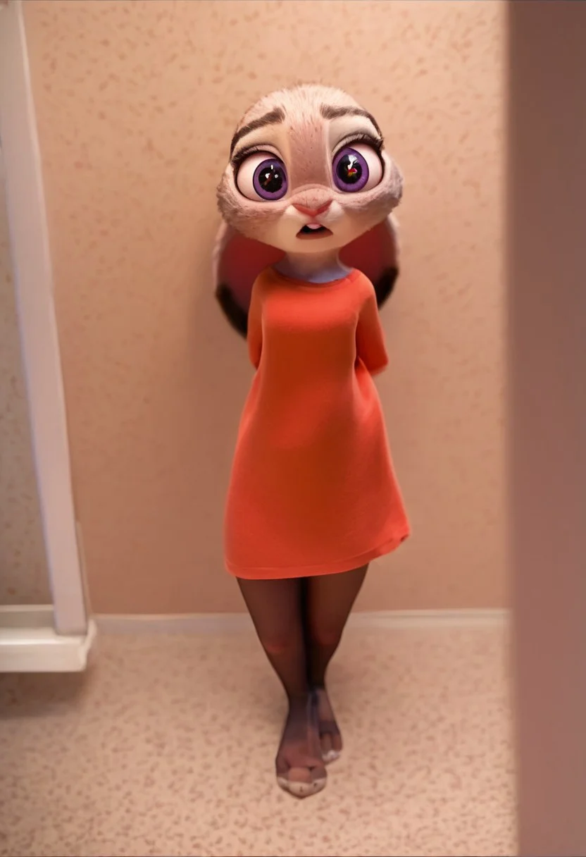score_9, score_8_up, score_7_up, score_6_up, 1girl, solo, girl 18yo, (judyhopps), sparkling eyes, in changing room, Judy try on different clothes on her sheer pantyhose, 3 toes feetpaws and legs full covered in pantyhose, sheer pantyhose whithout panty under it, see through pantyhose, try on different clothes while get spied, Spy view