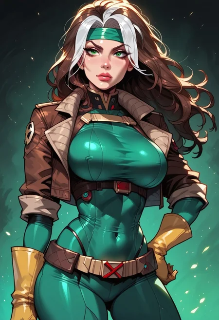 safe_pos, score_9, score_8_up, score_7_up, masterpiece, best quality, Flint_SR_Style, fca_style
BREAK 
1girl, solo, up, RogueXMXL, green eyes, brown hair, two-tone hair, long hair, headband, large breasts, round breasts, cropped jacket, brown jacket, sfw, yellow gloves, yellow boots, green bodysuit, perfect anatomy
BREAK 
 side view, textured skin, green background, medium long shot 
BREAK
Posing sexy, hand on hip,