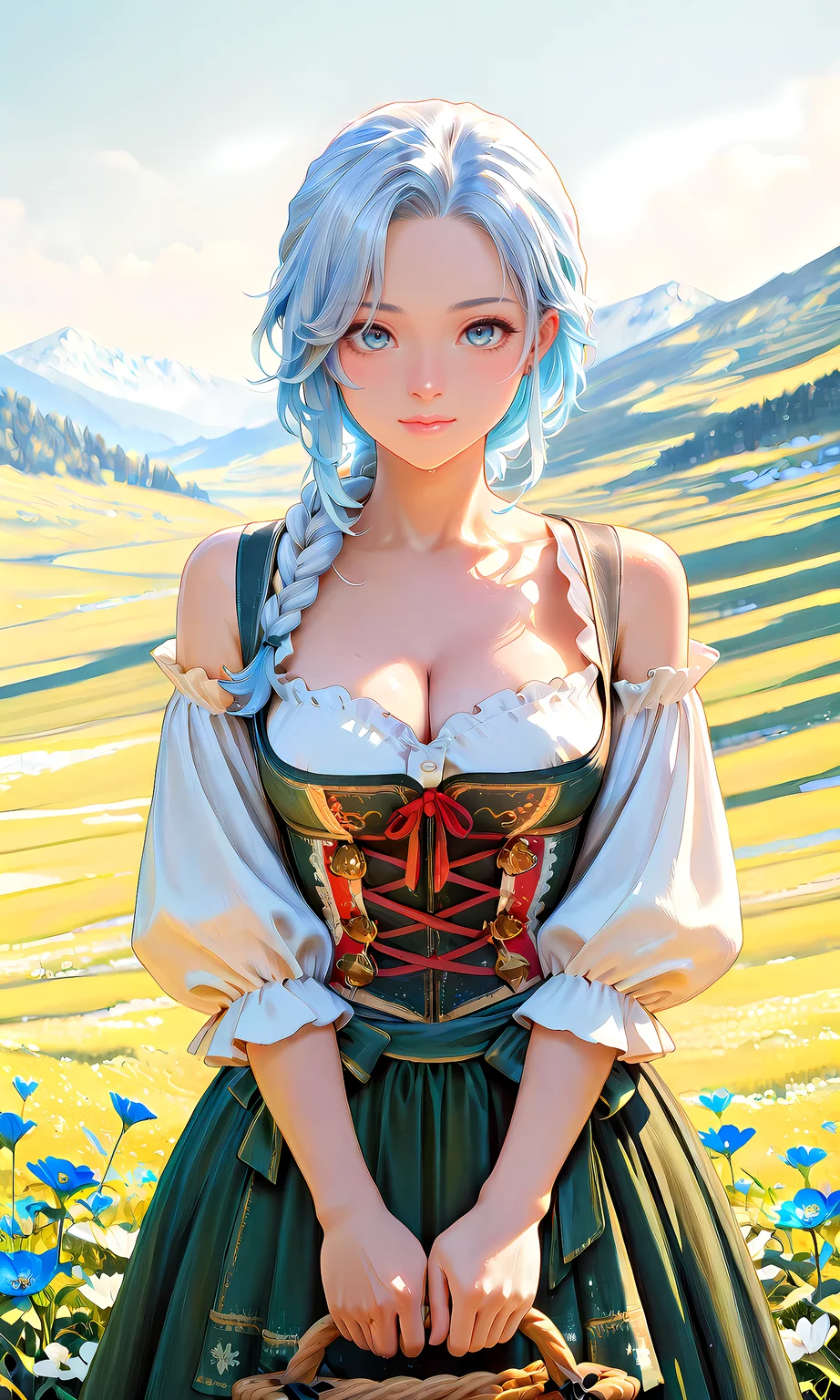 1girl, solo, long hair, breasts, looking at viewer, smile, blue eyes, large breasts, dress, holding, ribbon, closed mouth, cleavage, bare shoulders, standing, blue hair, collarbone, white hair, braid, flower, short sleeves, outdoors, cowboy shot, frills, detached sleeves, sky, day, puffy sleeves, cloud, blue sky, red ribbon, parted bangs, lips, single braid, white flower, sunlight, grass, frilled sleeves, hair over shoulder, nature, corset, white sleeves, blue flower, green dress, v arms, pink lips, mountain, underbust, basket, cross-laced clothes, field, flower field, mountainous horizon, holding basket, german clothes, bodice, dirndl