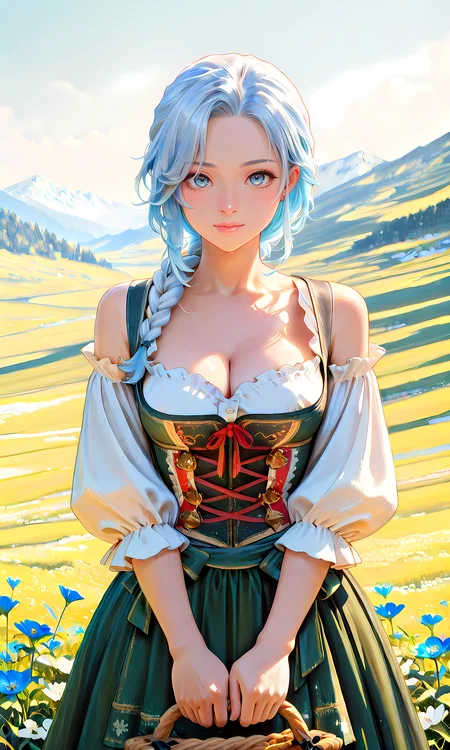 1girl, solo, long hair, breasts, looking at viewer, smile, blue eyes, large breasts, dress, holding, ribbon, closed mouth, cleavage, bare shoulders, standing, blue hair, collarbone, white hair, braid, flower, short sleeves, outdoors, cowboy shot, frills, detached sleeves, sky, day, puffy sleeves, cloud, blue sky, red ribbon, parted bangs, lips, single braid, white flower, sunlight, grass, frilled sleeves, hair over shoulder, nature, corset, white sleeves, blue flower, green dress, v arms, pink lips, mountain, underbust, basket, cross-laced clothes, field, flower field, mountainous horizon, holding basket, german clothes, bodice, dirndl