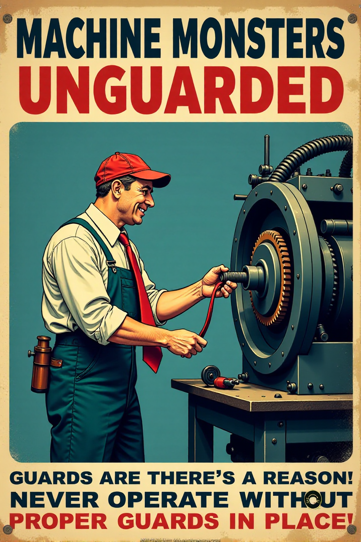 "Vintage safety sign illustration of a worker operating a large, dangerous-looking machine with all the machine guards completely removed or bypassed.  He is happily feeding his tie into moving gears and ignoring exposed blades and belts spinning dangerously close to his hands.  He has a blissful, carefree expression, completely unaware of the imminent danger of entanglement.  The sign text in bold, vintage lettering cries out: 'MACHINE MONSTERS UNGUARDED!  GUARDS ARE THERE FOR A REASON!  NEVER OPERATE WITHOUT PROPER GUARDS IN PLACE!' Render in a stark, slightly unsettling vintage cartoon style, contrasting the worker's oblivious happiness with the clearly dangerous unguarded machinery. Use a color palette that emphasizes the cold, metallic nature of the machinery (greys, blues) and warning reds for danger zones around the unguarded moving parts. Visually stunning vintage cartoon, direct machine guarding safety message, high detail in machine components and the worker's dangerous disregard for safety." <lora:REMEs_War_Poster_Style:0.9> In REME's War Poster Style,âââ
