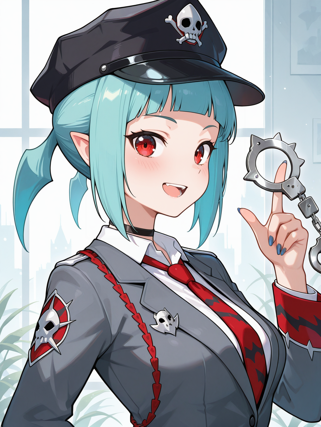 beat cop from the underworld, 1girl, solo, looking at viewer, handcuffs, open mouth, upper body, smile, index finger raised, medium breasts, hand up, blush, :d, collared shirt, police uniform, grey jacket, black choker, black police hat, red necktie, holding handcuffs, from side, blue nails,
masterpiece,best quality,amazing quality,very aesthetic,absurdres,newest,<lora:tour guide, beat cop, muckraker from the underworld EX illuXL v1:0.76>,