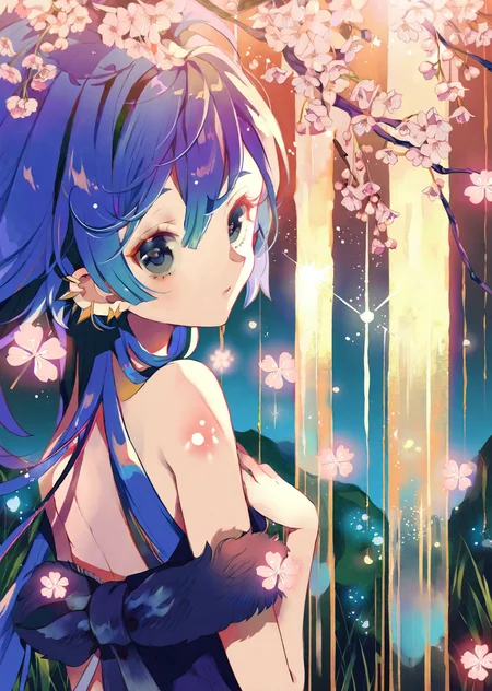 ,by yumenouchi , by yogisya 
  1girl  close up 
extremely beautiful detailed piercing eyes,
a girl immersed in a magical garden at twilight. She stands beside a luminous waterfall, cherry blossoms gently falling around her. The soft glow of fireflies and the distant twinkle of stars add an enchanting ambiance to this serene and otherworldly scene
 masterpiece, best quality, high quality, highres, absurdres, very detailed, high resolution, sharp, sharp image, 8k, vivid, colorful, stunning, anime