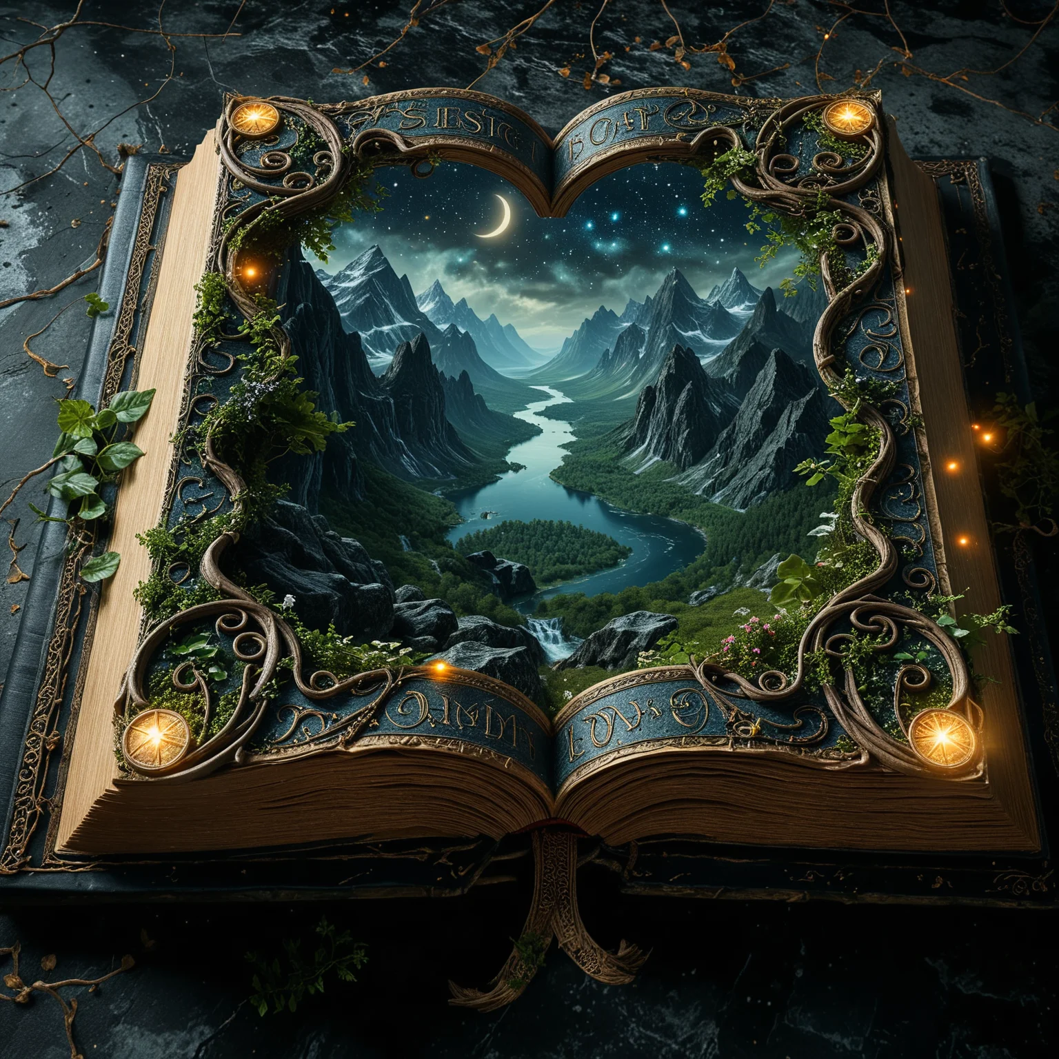 top- down, fantastical and surreal scene, closeup inside of an enormous ancient book standing upright with its pages open revealing a magical portal, portal inside the book pages, Through the portal is a breathtaking landscape unfolds, towering mountains, a cascading waterfall, a serene river winding through lush enchanted forests, The edges of the book are adorned with intricate glowing runes and vines, the book resting on obsidian floor, mystical touch, illuminated by a crescent moon and twinkling stars, dreamlike and otherworldly atmosphere, sense of adventure and wonder, <lora:MJ52:0.5>, <lora:add-detail-xl:1>, <lora:detailed_notrigger:0.7>