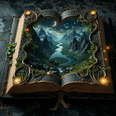 top- down, fantastical and surreal scene, closeup inside of an enormous ancient book standing upright with its pages open revealing a magical portal, portal inside the book pages, Through the portal is a breathtaking landscape unfolds, towering mountains, a cascading waterfall, a serene river winding through lush enchanted forests, The edges of the book are adorned with intricate glowing runes and vines, the book resting on obsidian floor, mystical touch, illuminated by a crescent moon and twinkling stars, dreamlike and otherworldly atmosphere, sense of adventure and wonder, <lora:MJ52:0.5>, <lora:add-detail-xl:1>, <lora:detailed_notrigger:0.7>