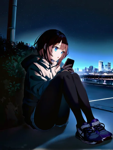 1girl, sitting, on street, full body, night, night sky, dark, holding phone, looking at screen, face illuminated by smartphone, cityscape at distance, light, shadow, high contrast, dim lighting, chiaroscuro, blue eyes, outdoors,
aoi sakura \(seak5545\), achyue, momoko \momopoco\, (torino aqua:0.7), hebbtia, toto \(caaaaarrot\), nagi itsuki, mappaninatta, nanohana \(november.\),
masterpiece,best quality, very aesthetic,absurdres,newest, very awa, crisp, sharp, 8k,
<lora:NOOB_vp1_detailer_by_volnovik_v1:1>,