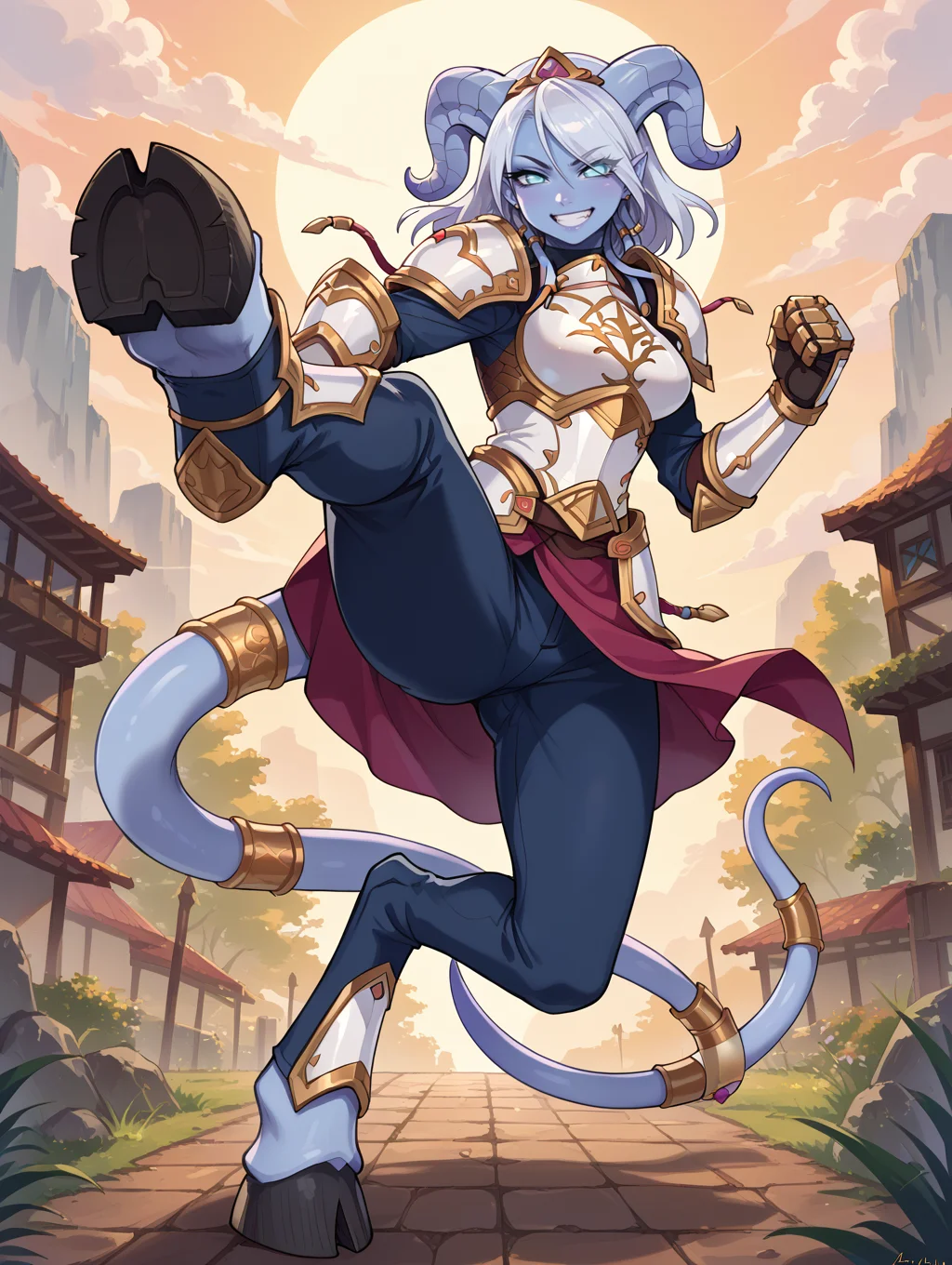 score_9, score_8_up, score_7_up,source_anime,BREAK,
full body,
yrel, draenei, silver hair, blue skin, tail, (white armor:1.1), golden armor, jewelry, breastplate, gauntlets, smile, crotch kick, kick, leg up, pov, hooves,
<lora:yrel:1>